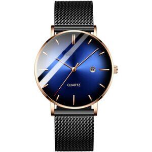 Men's Gold Ultra-Thin Minimal Waterproof Stainless Steel Mesh Band Buckle Watch